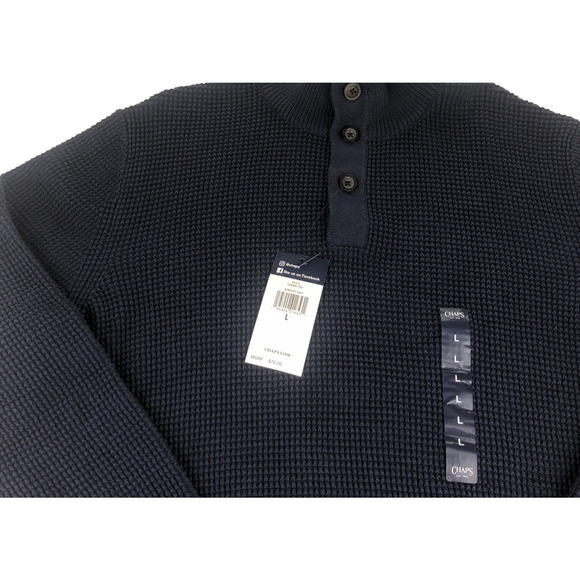 Chaps‎ Men's Sweater Large Cable Knit Mock Neck Quarter Button Pullover Blue - Picture 6 of 14
